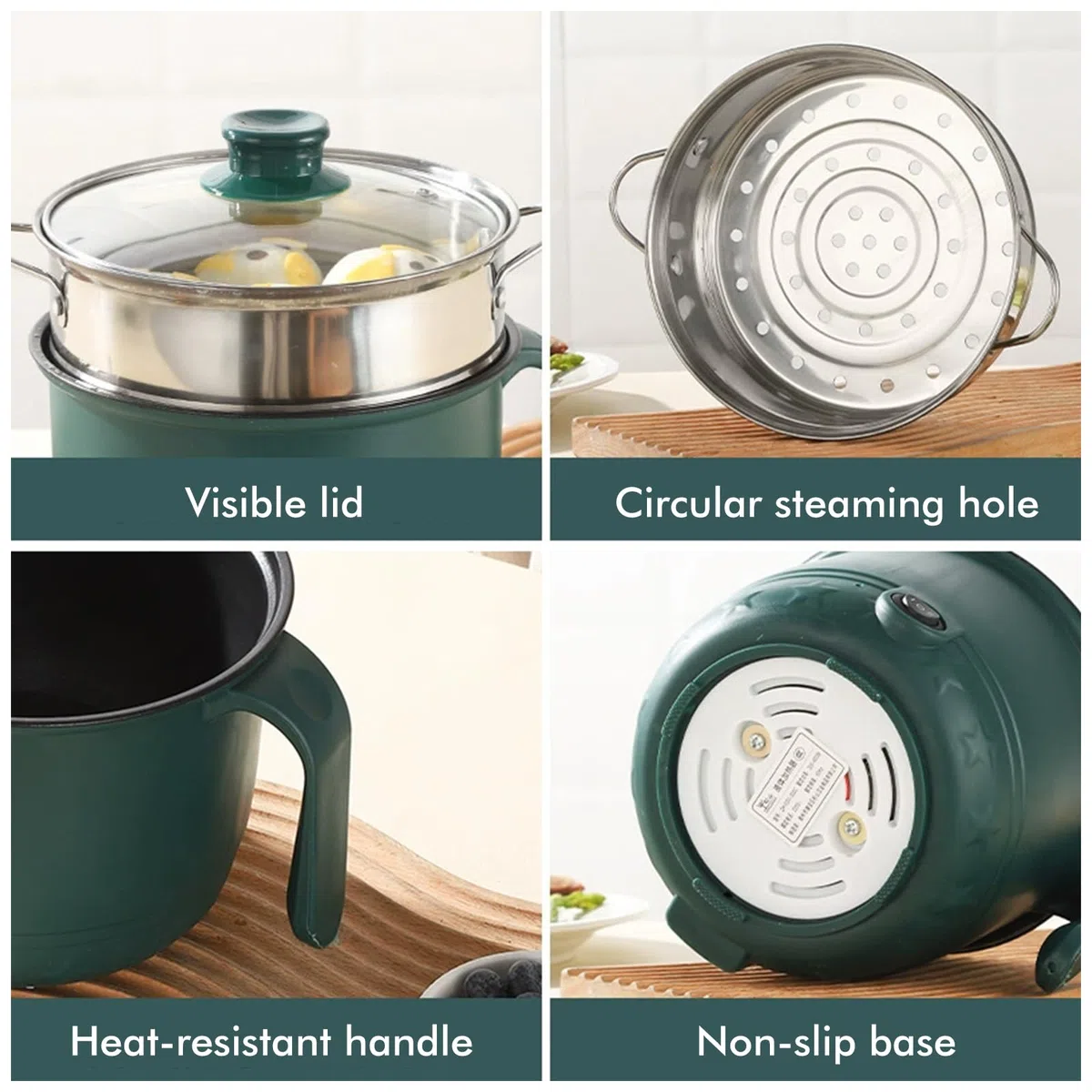 Hot Pot elettrico 1,5 l, mini forno antiaderente portatile, pentola elettrica con vapore, pentola elettrica con doppio controllo di potenza, per casa, ufficio e dormitorio (verde)