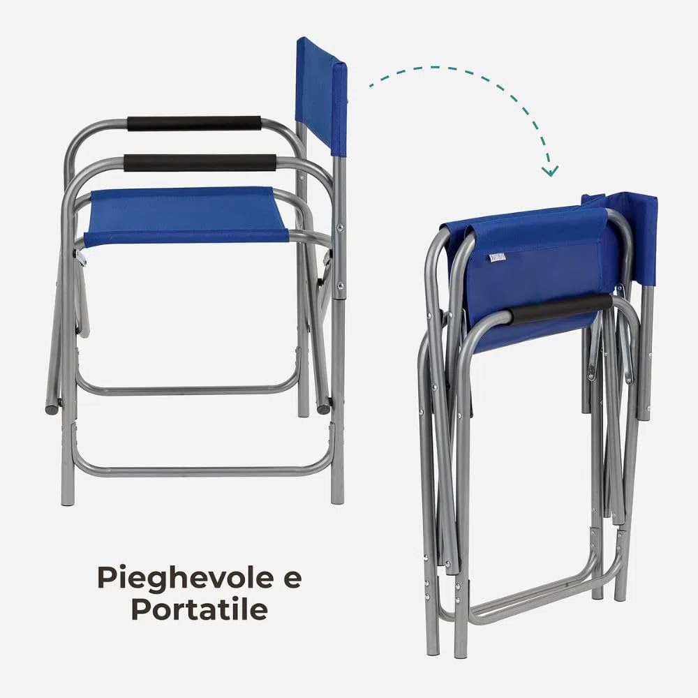Sedia da Regista Pieghevole in Acciaio Tubolare – Poltrona Ergonomica Salvaspazio in Tela per Campeggio, Mare e Spiaggia – 45x57x81 cm, Blu