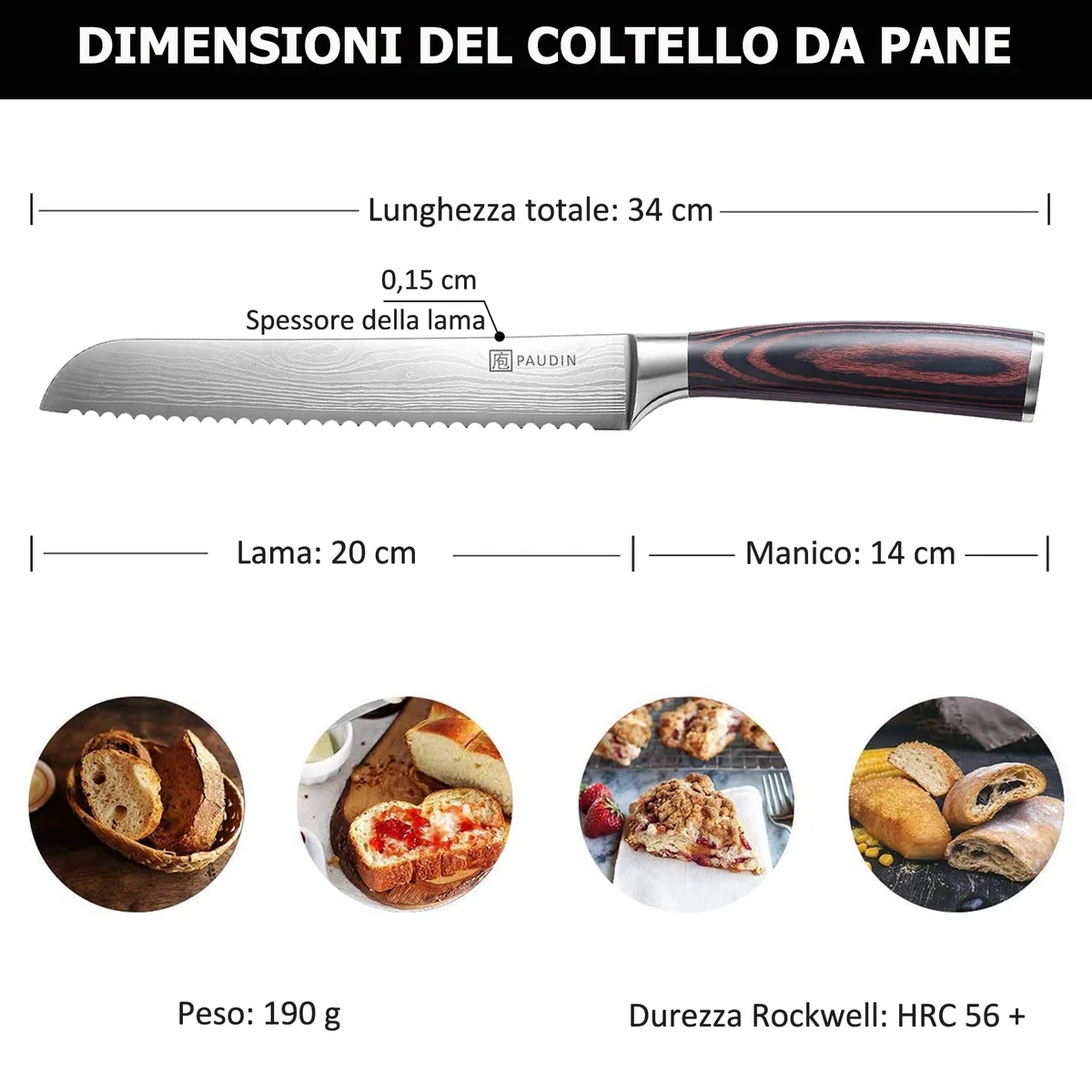 PAUDIN Coltello da Pane Professionale, Dimensioni da 20 cm con Lama Seghettata in Acciaio Inossidabile di Alta Qualità, Extra AffilatO con Impugnatura Ergonomica