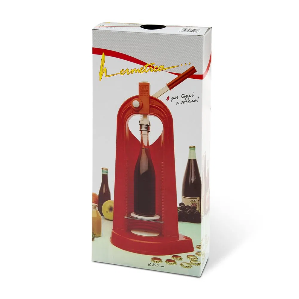 Rigamonti Hermetica tappatrice manuale a colonna. Tappatrice per tappi a corona. Tappatrice con supporto mobile per bottiglie di varie dimensioni, fino a 1 lt. Per uso casalingo o professionale.