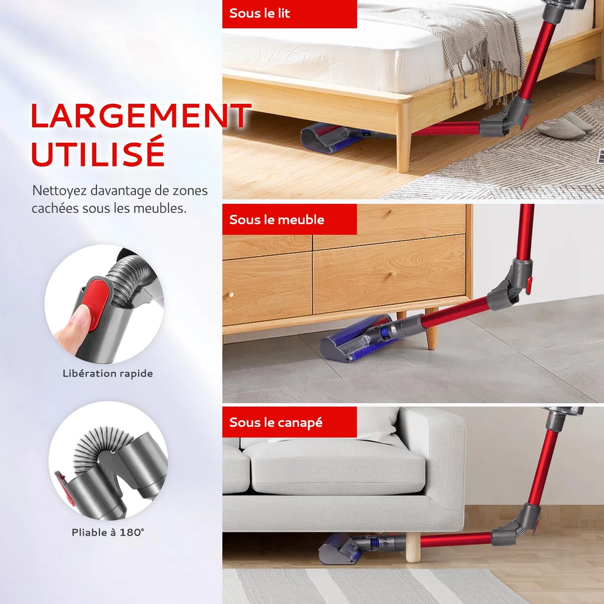 Tubo telescopico pieghevole compatibile con Dyson V7 V8 V10 V11 V15 aspirapolvere senza fili, tubo in alluminio a sgancio rapido migliorato per la pulizia sotto il letto, tavolo divano (rosso)