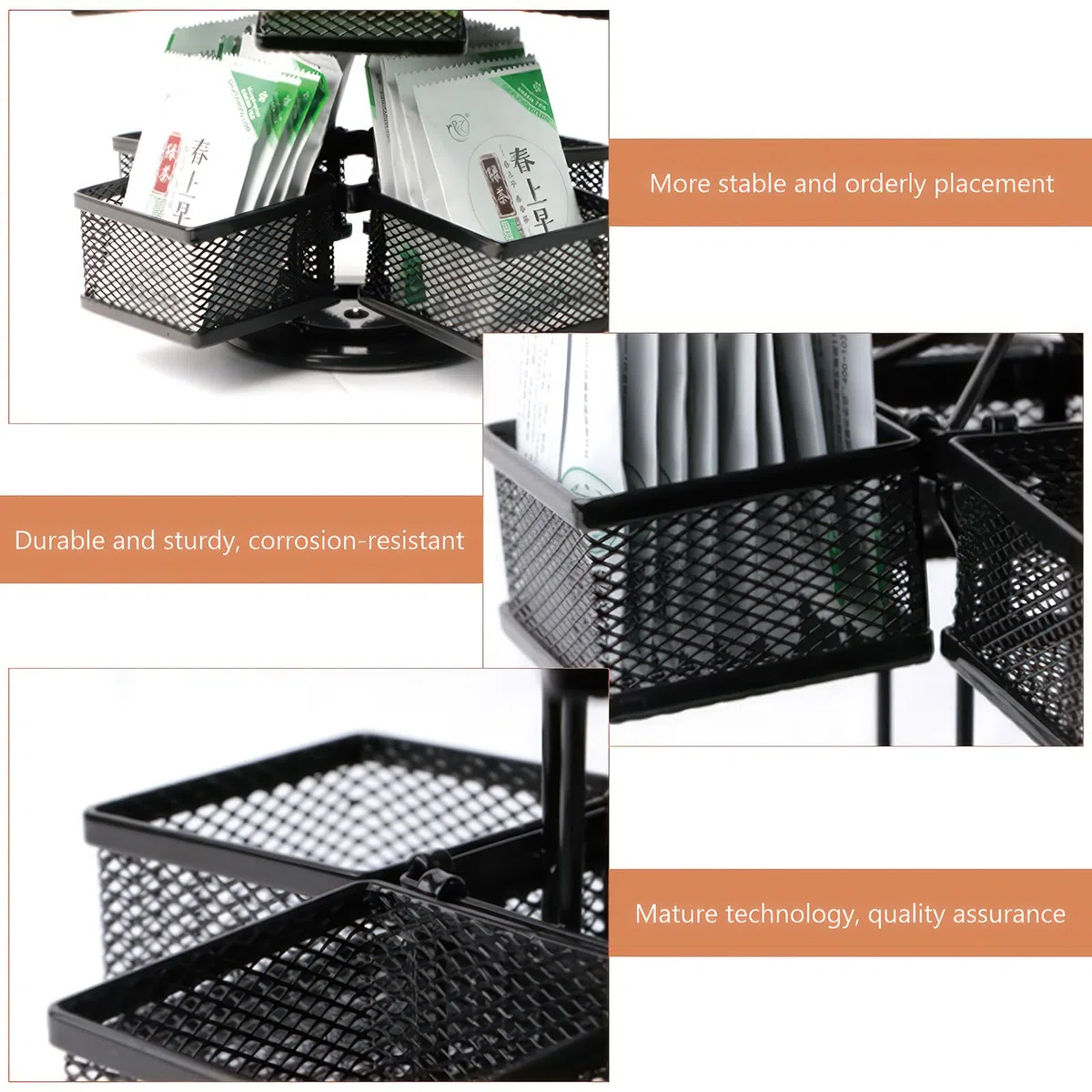 Organizer da tè a 2 livelli con scomparti rimovibili, porta bustine da tè girevole per 80+ bustine da tè, contenitore in metallo per cucina/ufficio, salvaspazio ed elegante (nero)