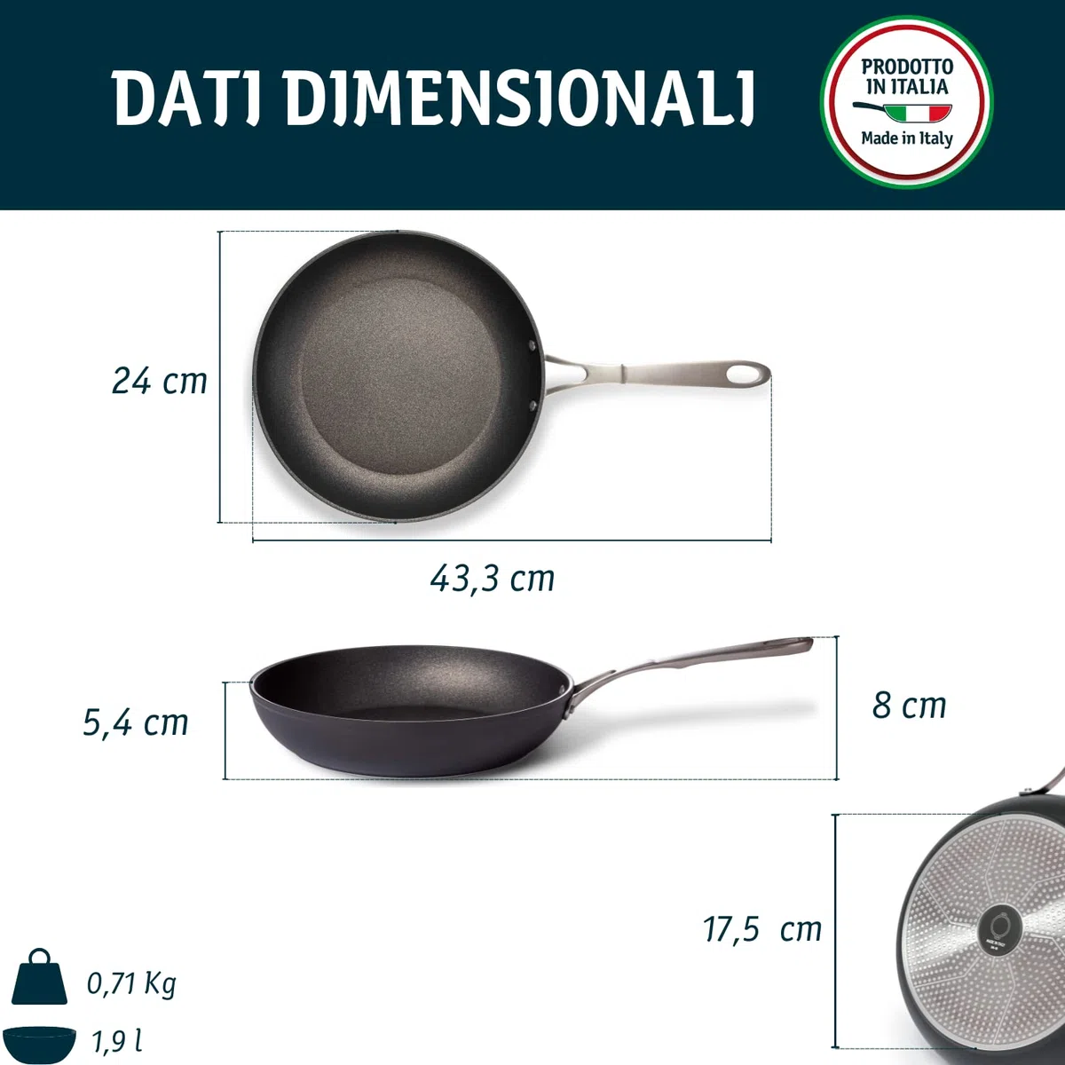 TVS Padella Antiaderente ISPIRATA - Ø24 cm, Resistente ai Graffi, Alto Spessore, Senza Nichel, Compatibile con l'Induzione, Made in Italy