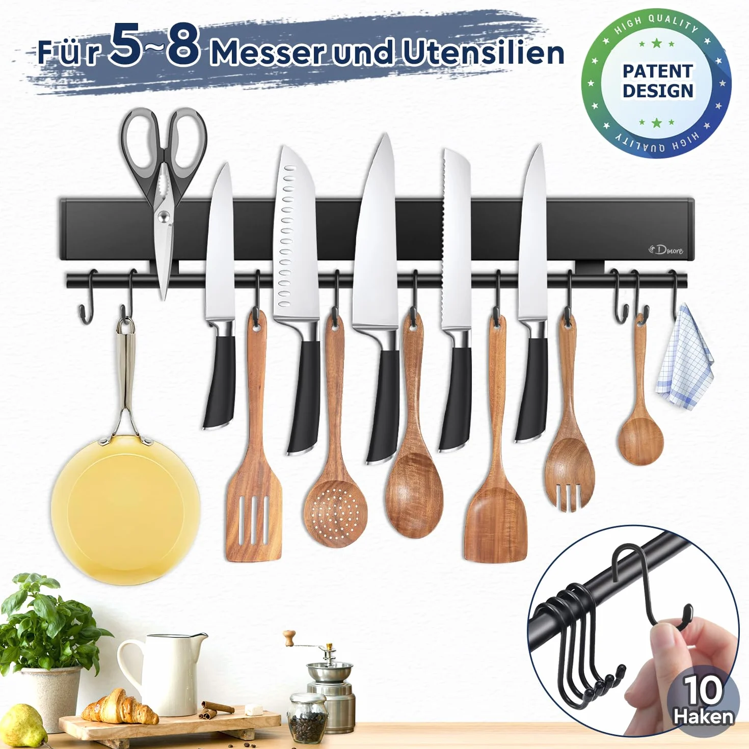 Dmore Portacoltelli magnetico da parete da 43 cm, con 10 ganci, senza foratura, striscia magnetica nera per coltelli e utensili, potente supporto magnetico per coltelli e utensili con nastro adesivo e
