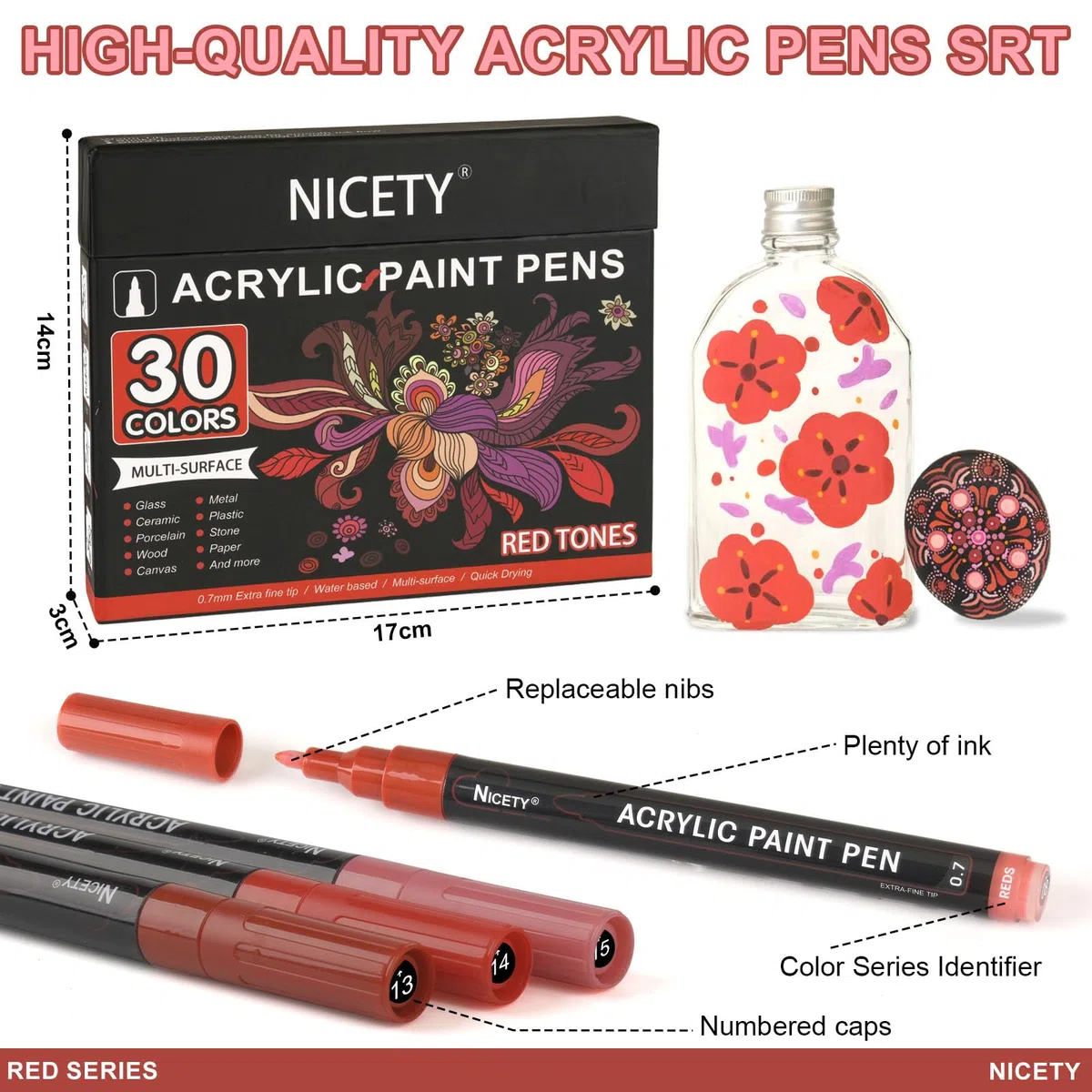 NICETY 30Pz Pennarelli per Pittura Acrilica Pennarelli per Pittura su Roccia Pietra Vetro Ceramica Legno Metallo Tessuto - Punta Extra Fine 0.7mm Pennarelli Acrilici a Base d'Acqua (Rosso)