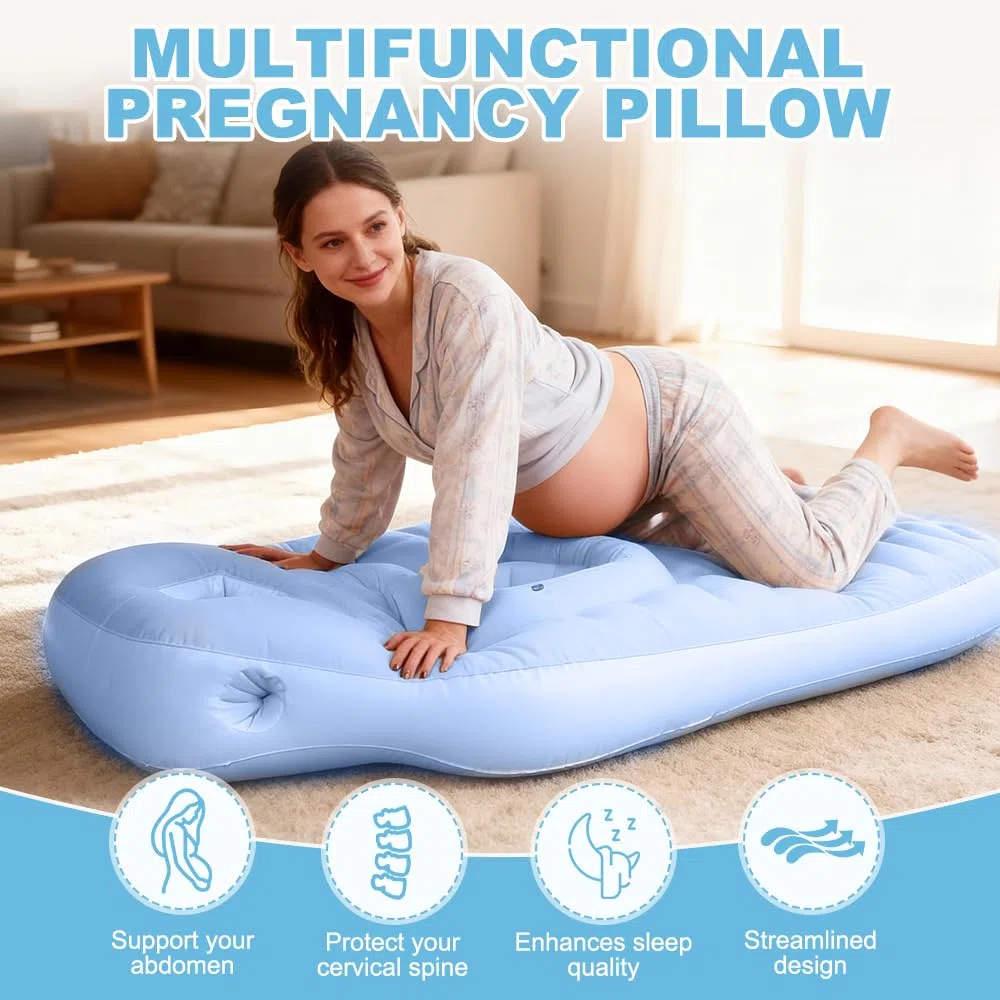 Cuscino Gonfiabile per la Gravidanza, Tappetino da Yoga per Donne Incinte, Cuscino per Maternità con Foro per La Pancia, Supporto per Il Pancione, Supporto del Corpo Intero per Dormire, Blu