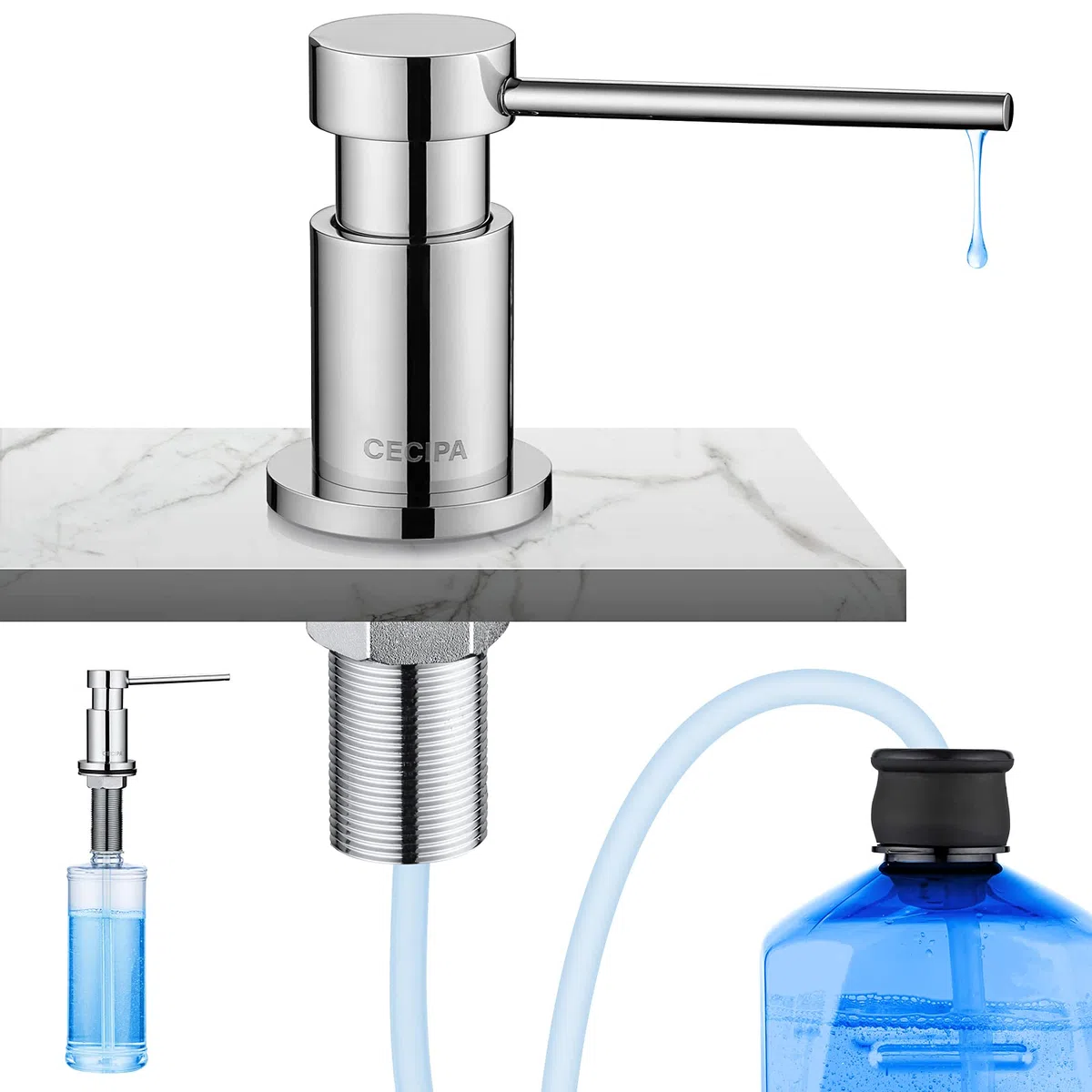 CECIPA Dispenser di sapone da incasso da cucina, erogatore di sapone per lavello con bottiglia da 300 ml e tubo di prolunga da 1.2 m, pompa girevole a 360°, cromato