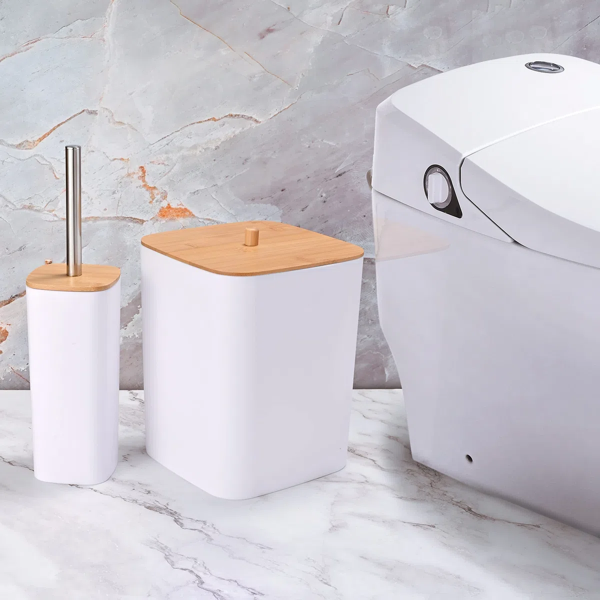 Yorkmills Set di Accessori da Bagno in Bambù, 6 Pezzi, Set di Accessori da Bagno, Set di Accessori per WC, Porta Scopino per WC, Resistente Portaspazzolino, Distributore di Sapone Con Pompa