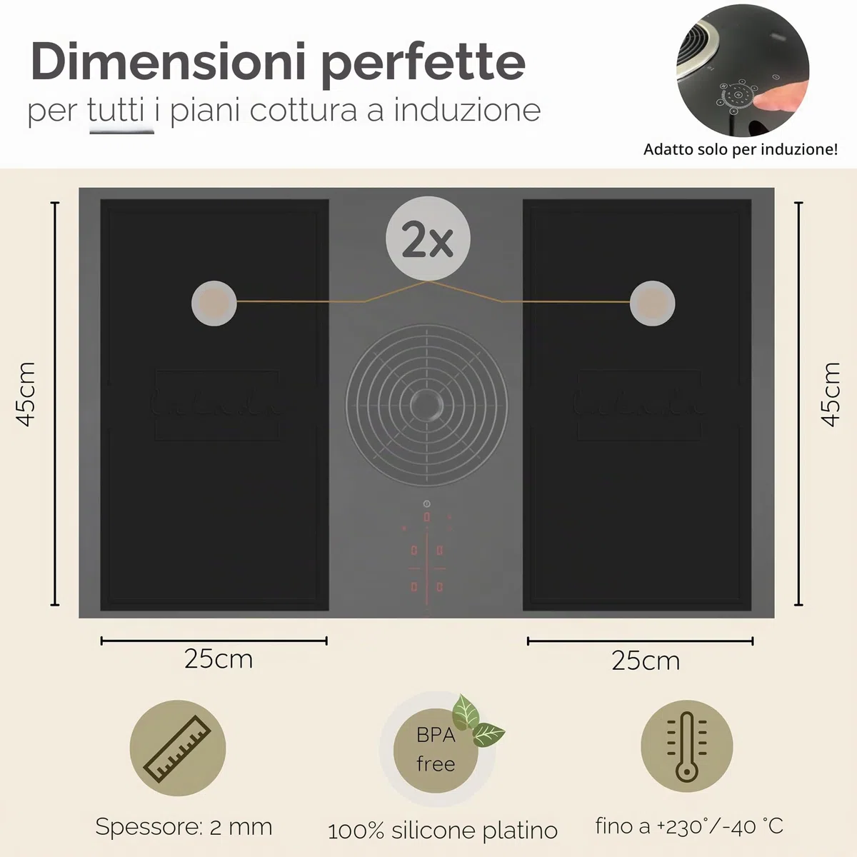Lukada Tappetino a induzione, 100% silicone per induzione, set da 2 pezzi, nero, protezione per induzione, tappetino da forno, protezione per piano cottura, sottopentola, grande 25 x 45 cm, perfetto