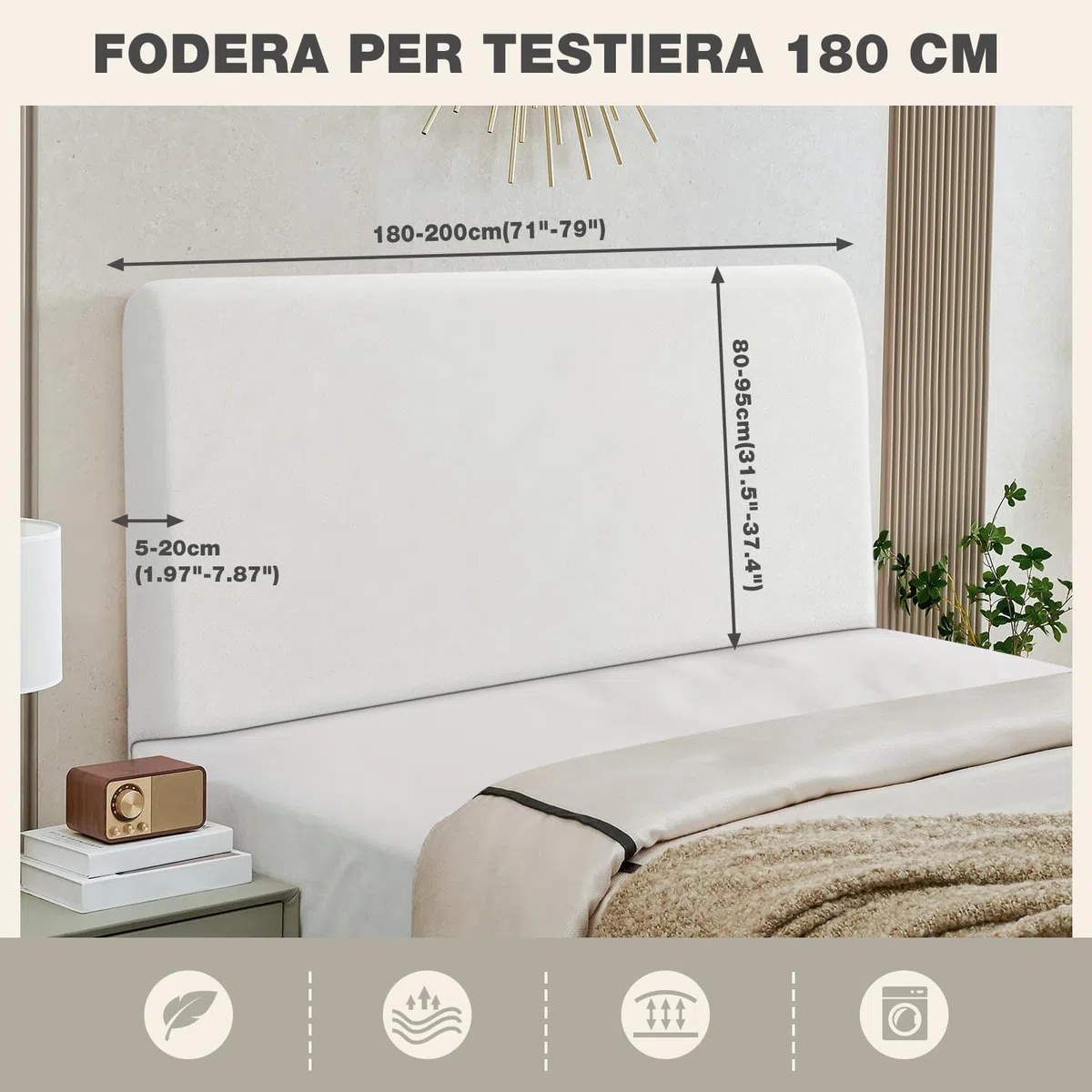 TAOCOCO Copri Testata Letto Matrimoniale, Copri Testiera Letto Imbottita, Copertura Testiera Letto Elastico, Morbido Tessuto Velour Stretch, Lavabile, Design All-In-One(Bianca, 180-200cm)