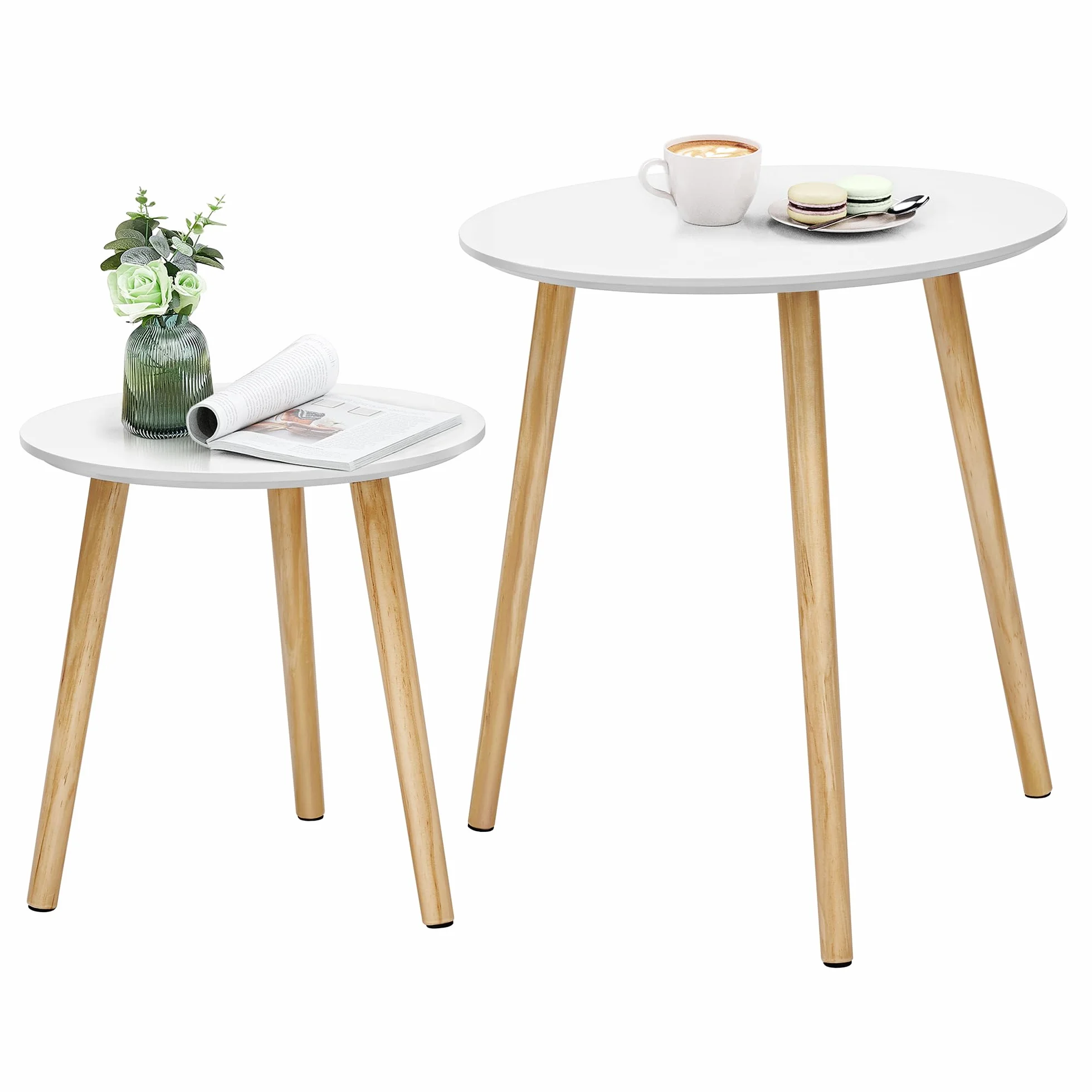 SONGMICS Tavolino Rotondo, Tavolino Moderno Minimalista, Set di 2 Tavolini da Caffè con Gambe in Legno di Pino, Stile Scandinavo, per Soggiorno Salotto Balcone, Bianco e Naturale LET07WN