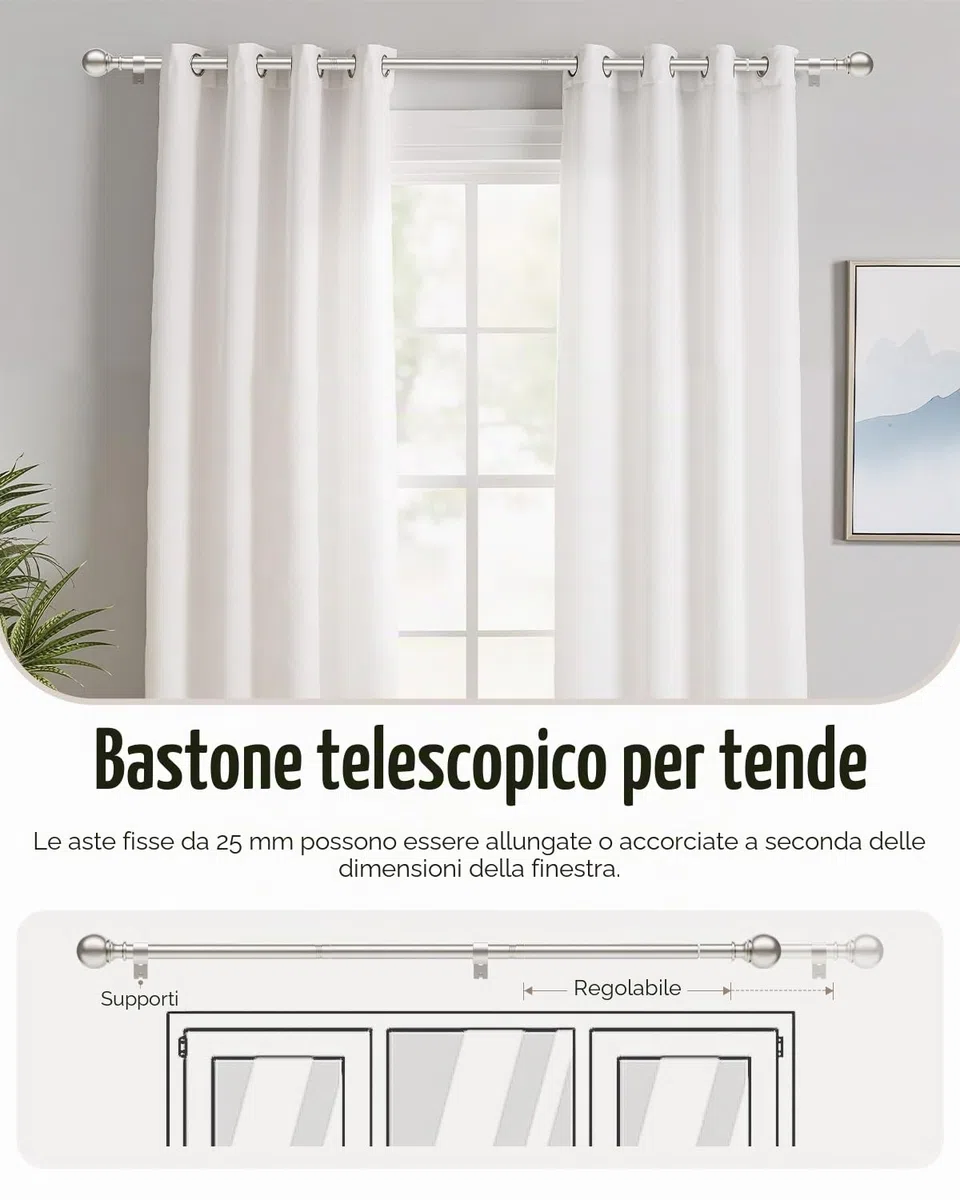 Bastone per tende 80-305 cm, Estensibile, Ø 25 mm, in metallo, con staffe incluse, supporta montaggio a parete e soffitto, per soggiorno, camera da letto e cameretta, nickel spazzolato