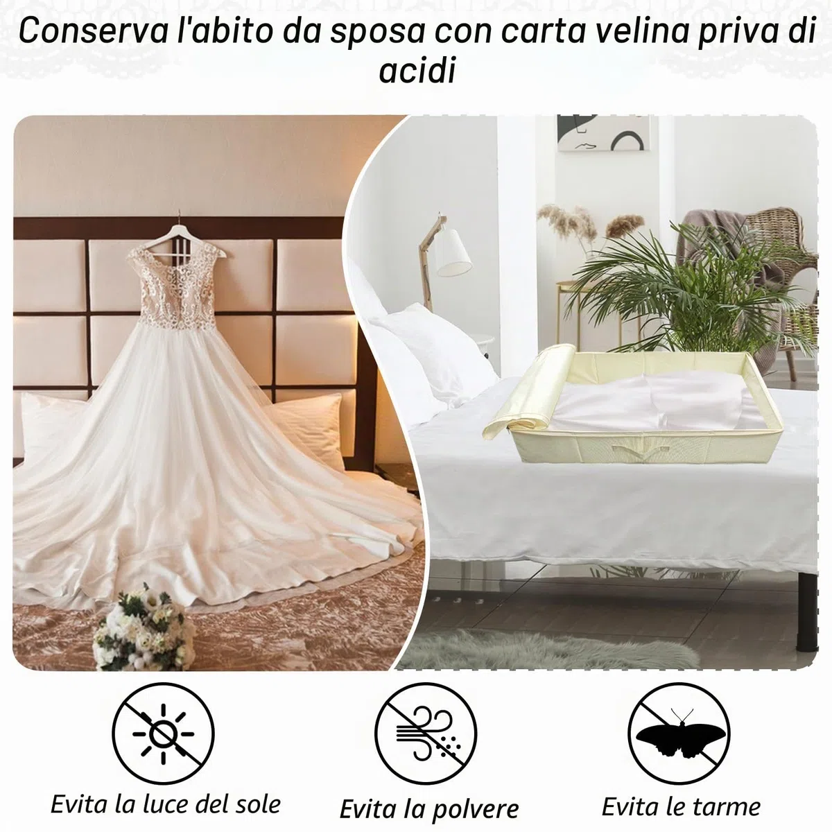 Scatola portaoggetti per sposa, con 40 fogli e 1 paio di guanti in microfibra di carta velina priva di acidi, per conservare abiti da sposa