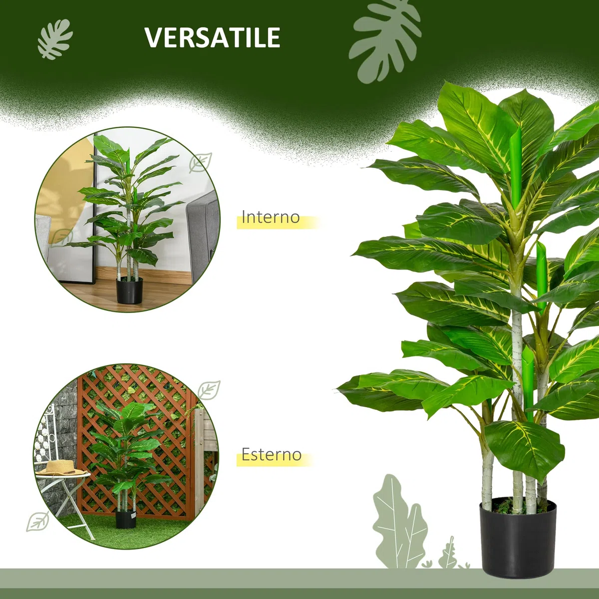 HOMCOM Pianta Artificiale da 33 Foglie per Interni ed Esterni con Vaso Ø15x13 cm, Pianta Finta Alta 95 cm in PEVA, PE e Cemento, per Interno, Ufficio, Soggiorno, Verde e Nero