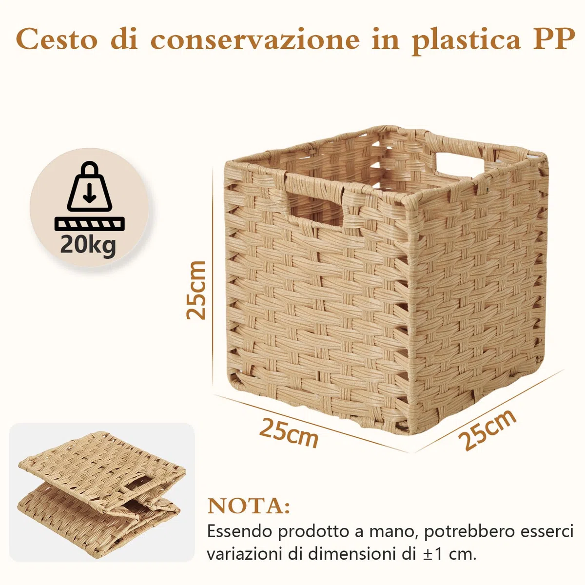 Sagittar, cestino intrecciato pieghevole in rattan sintetico, 25x25x25 cm, cestino portaoggetti per dispensa, credenza, credenza per giocattoli, cestino a cubo per scaffale, impermeabile, antimuffa, 4