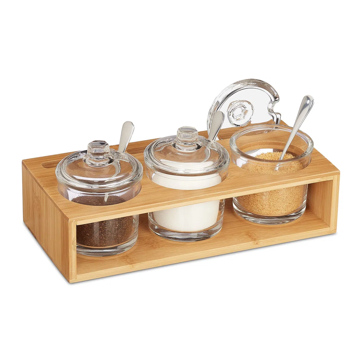 Relaxdays Barattoli da Cucina in Vetro, Set da 3, Base Bambù, Porta Spezie, Cucchiaio e Coperchio, Naturale Trasparente