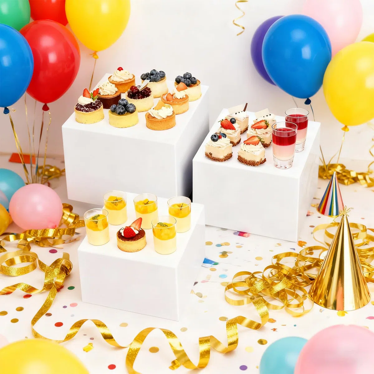 3 vetrine in acrilico bianco, rialzi alimentari per tavoli da buffet, rialzo davanzale, supporto per dessert a cubo con fondo cavo, per cupcake, statuette, gioielli, profumi, borse, cosmetici