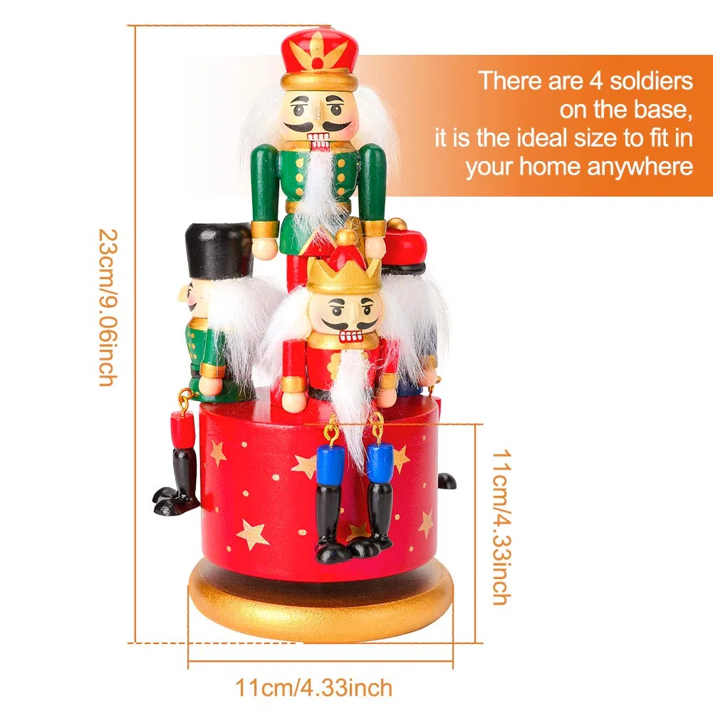 Carillon in legno per schiaccianoci con 4 soldati, con meccanismo a orologio e base rotonda per decorazione domestica, decorazione per festival decorazioni natalizie idea regalo 21 cm(Rosso)