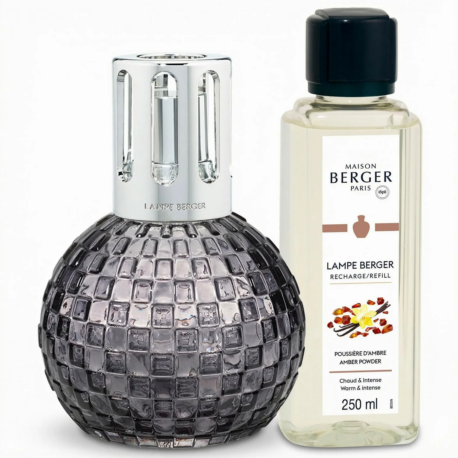 MAISON BERGER - Set Regalo Lampada Disco - Diffusore Catalitico Profumo per la Casa a Scacchiera Tonda con Ricarica 250 mL - Lampada Neutralizzante Odori - Prodotto in Francia (Grigio - Polvere