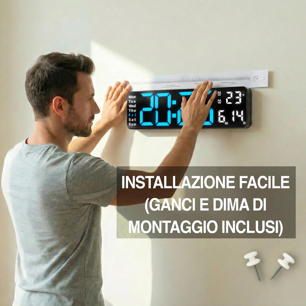 Opis Technology Clock 1 XL Blu/Bianco - Orologio da Parete Digitale LED 31cm, Telecomando & Timer - Per Palestra, Ufficio e Casa (Alimentazione a Cavo)