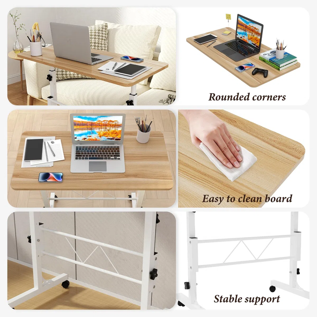 PIPIPOXER 80 x 40 cm, tavolo per computer portatile con ruote, altezza regolabile 69 – 110 cm, tavolo mobile da sopravvento, tavolo girevole a 360, tavolino per divano, legno