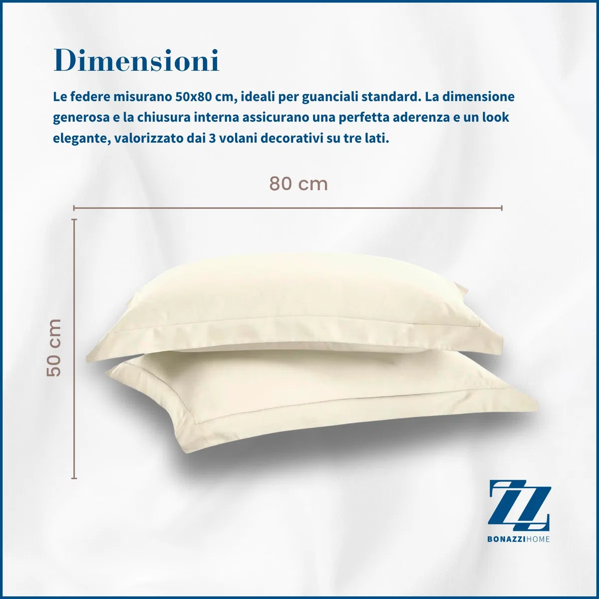 Bonazzi Home, 2 federe per cuscino in raso di puro cotone, misura 50x80cm, 100% MADE IN ITALY (Avorio)