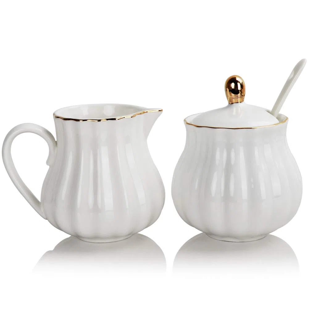 Sweejar Home Royal - Set da 3 pezzi in ceramica per zucchero e lattiera, con brocca per panna, zuccheriera, set per zucchero con coperchio e cucchiaio, regalo per matrimonio (bianco nuovo)