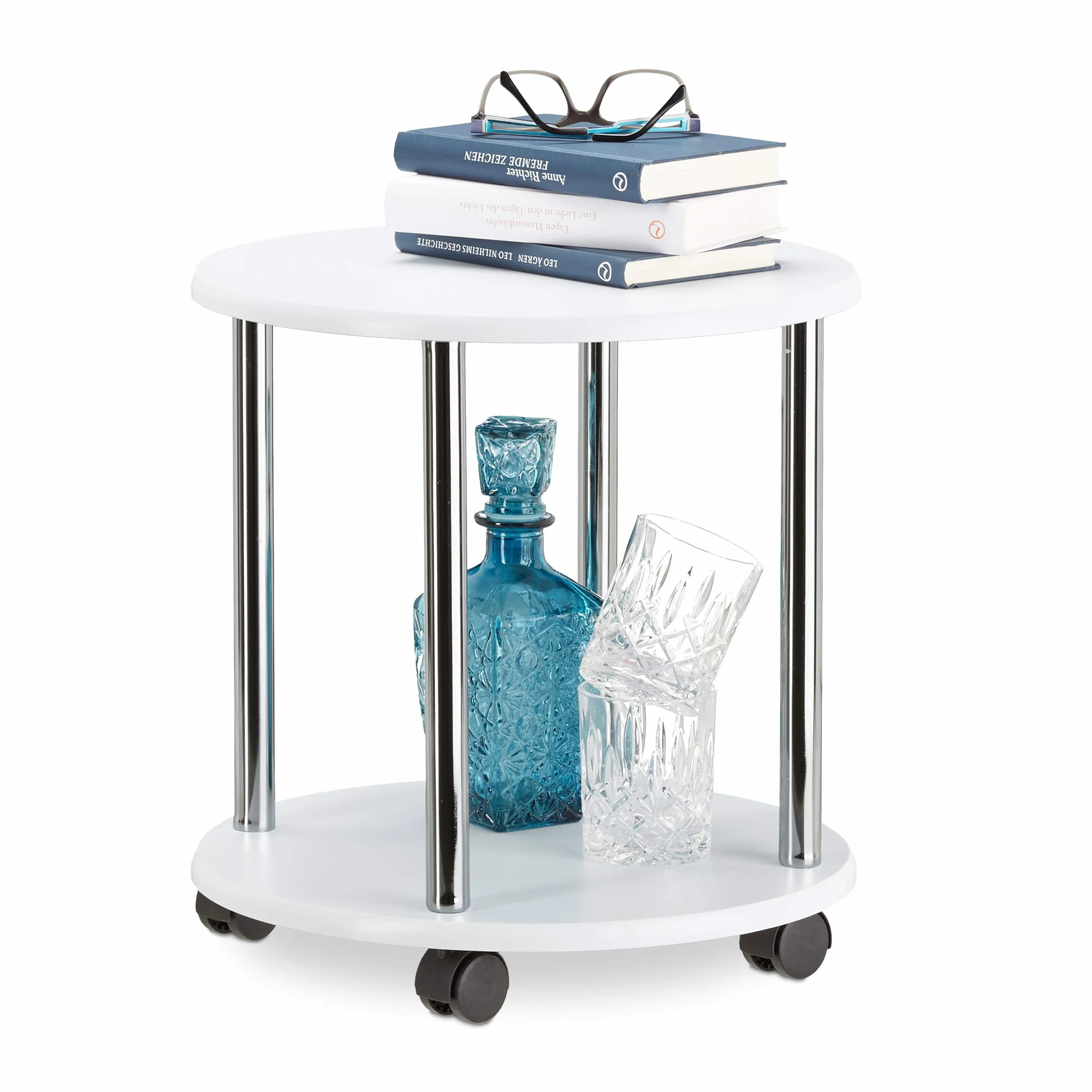 Relaxdays Tavolino da salotto legno carrello con ruote multiuso piccolo tavolo divano carrellino HLP 41,5x40x40cm bianco