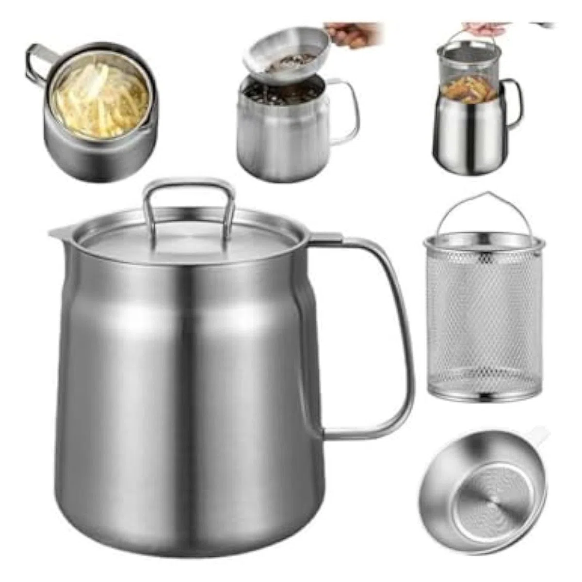 Pentola Filtro Olio in Acciaio Inox con Filtro a Rete, Contenitore per Grasso da 1,5 l/2 l, friggitrice Multifunzionale per friggere e conservare,1.5L