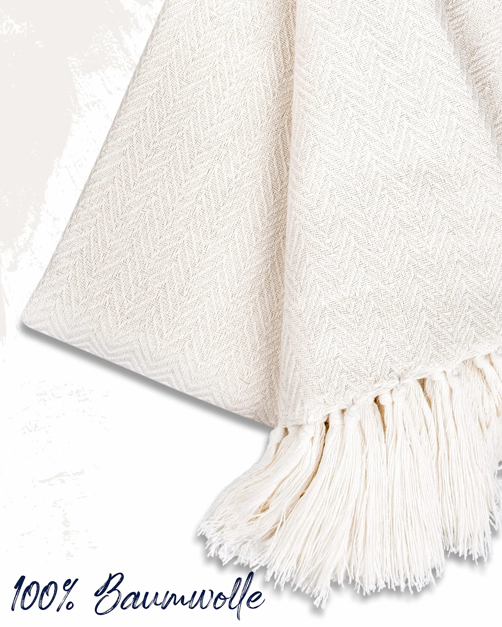 Gräfenstayn Premium Copriletto con frange - 100% cotone - 220 x 240 cm XXL - Coperta estiva a spina di pesce - Coperta di cotone come coperta da letto, coperta da divano (Crema)