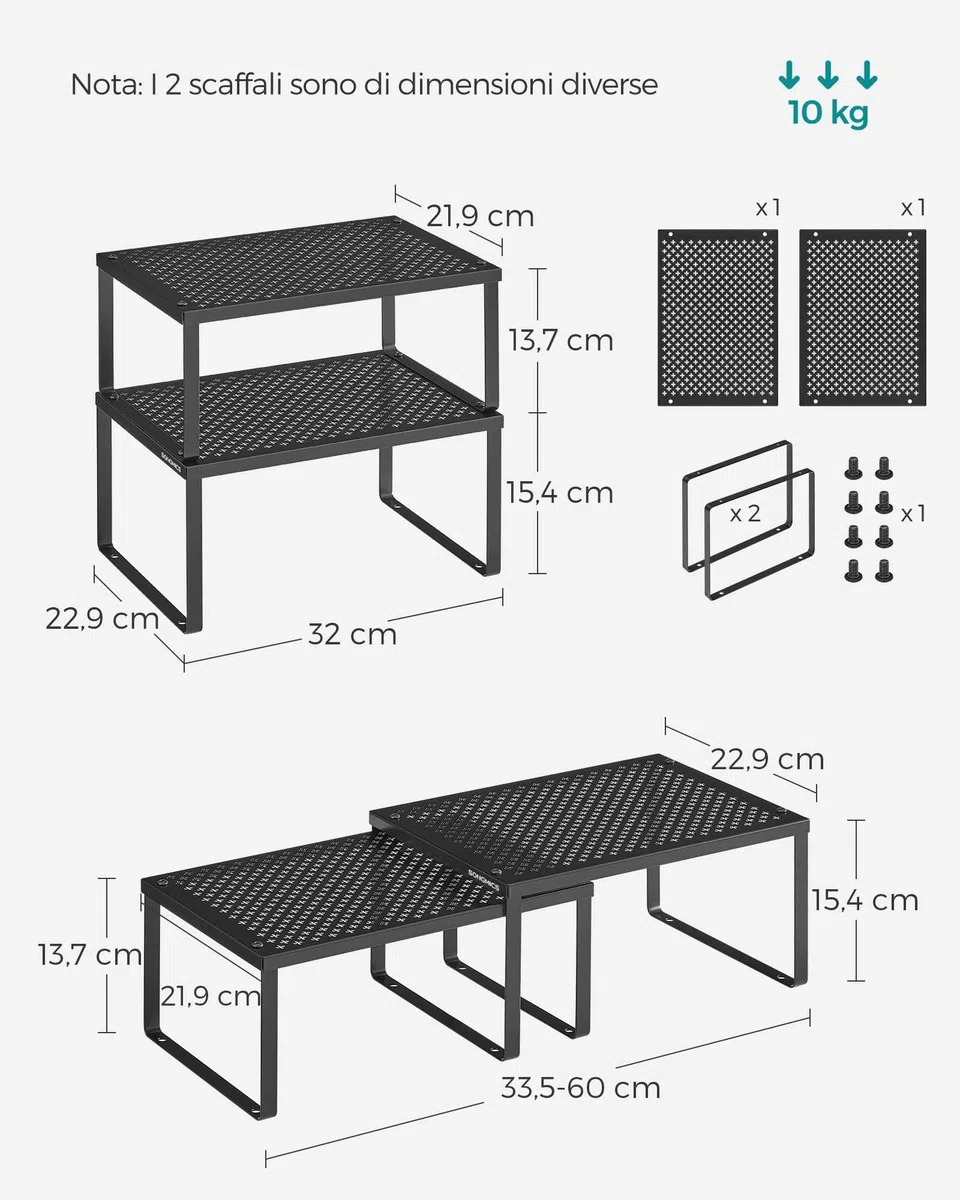 SONGMICS Scaffale Portaspezie, Set di 4 Organizzatori da Cucina Espandibili, Scaffale da Cucina Impilabile, Metallo, Nero Inchiostro KCS006B01
