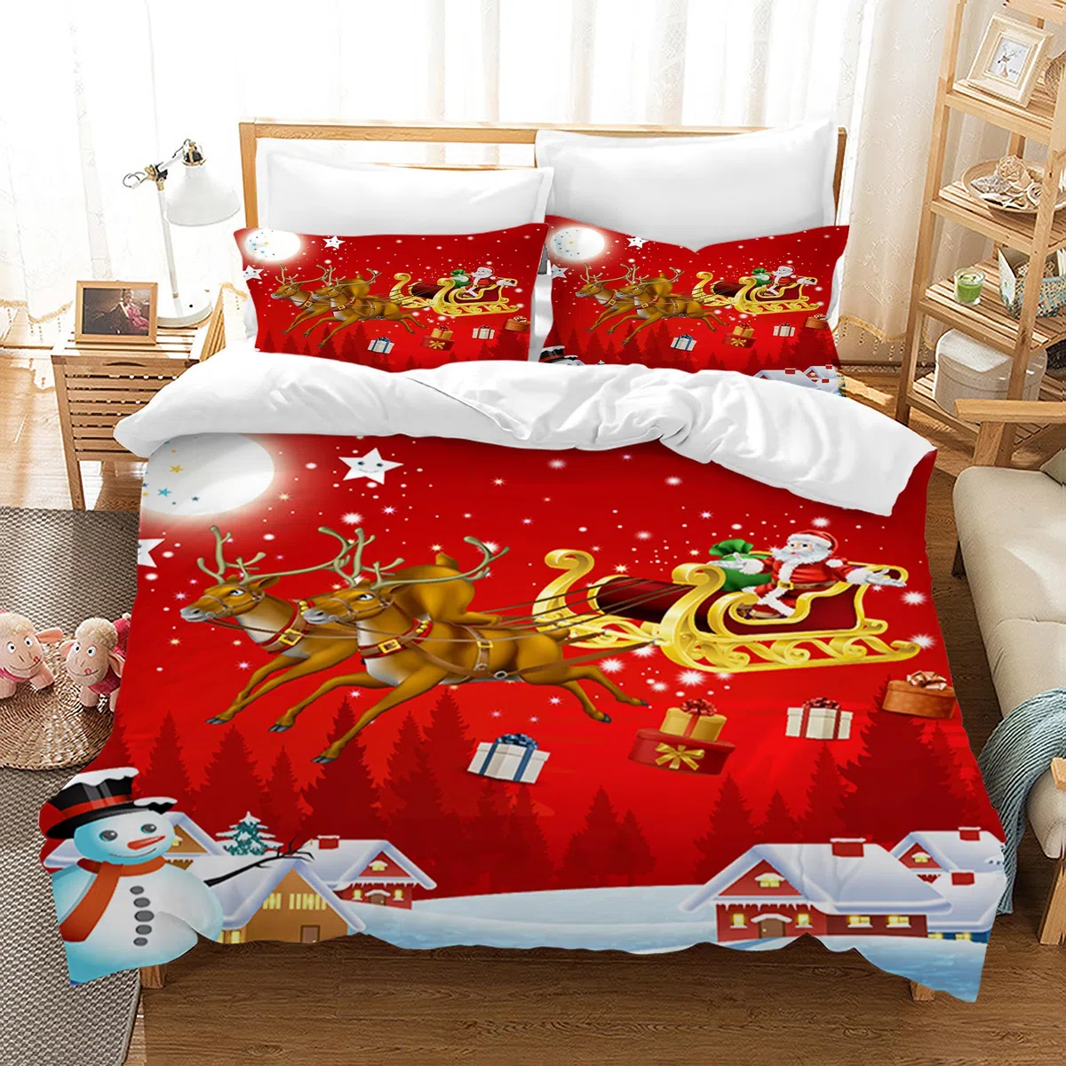 Set Copripiumino Natalizio Regalo Set,Tema Buon Natale Microfibra Copripiumino con Federe, per bambini e bambine Set di Biancheria da Letto Decorazione Natalizia per Interni (220x240cm, Natalizio E)