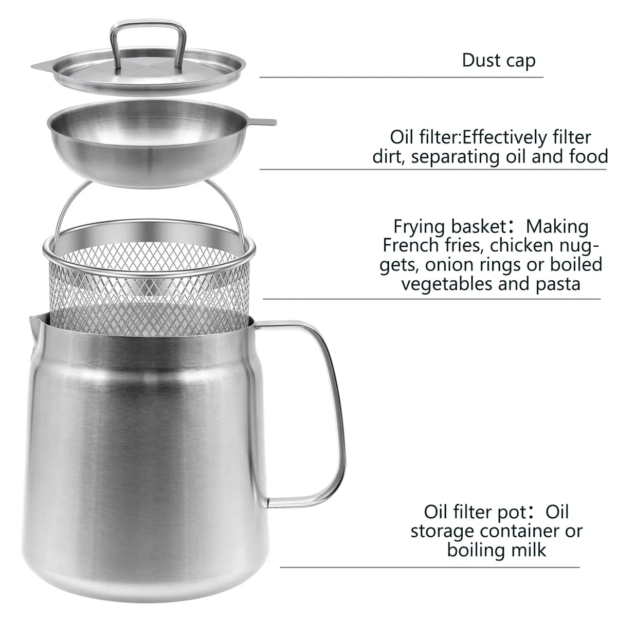 Filtro per friggitrice da 2 l, in acciaio inox 304, con filtro e cestello per friggitrice, contenitore multifunzione per grasso