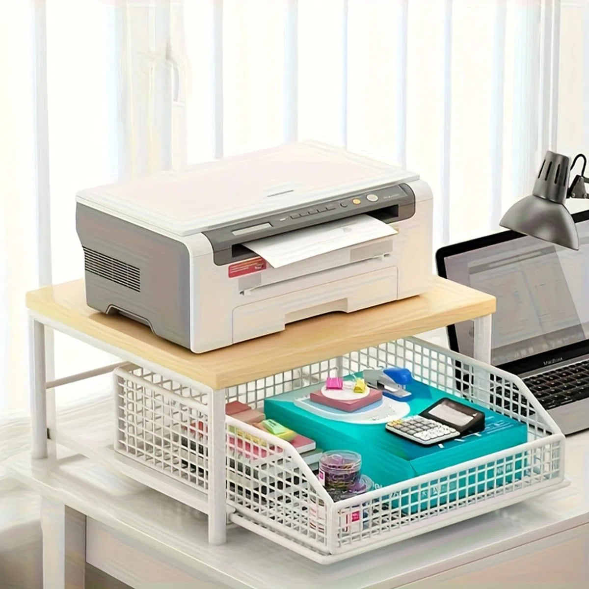 Mensola in Legno Massello Resistente per Macchina da caffè - Organizzatore da Cucina da Banco con Cassetto e Cesti in Rete - Design Salvaspazio Nero