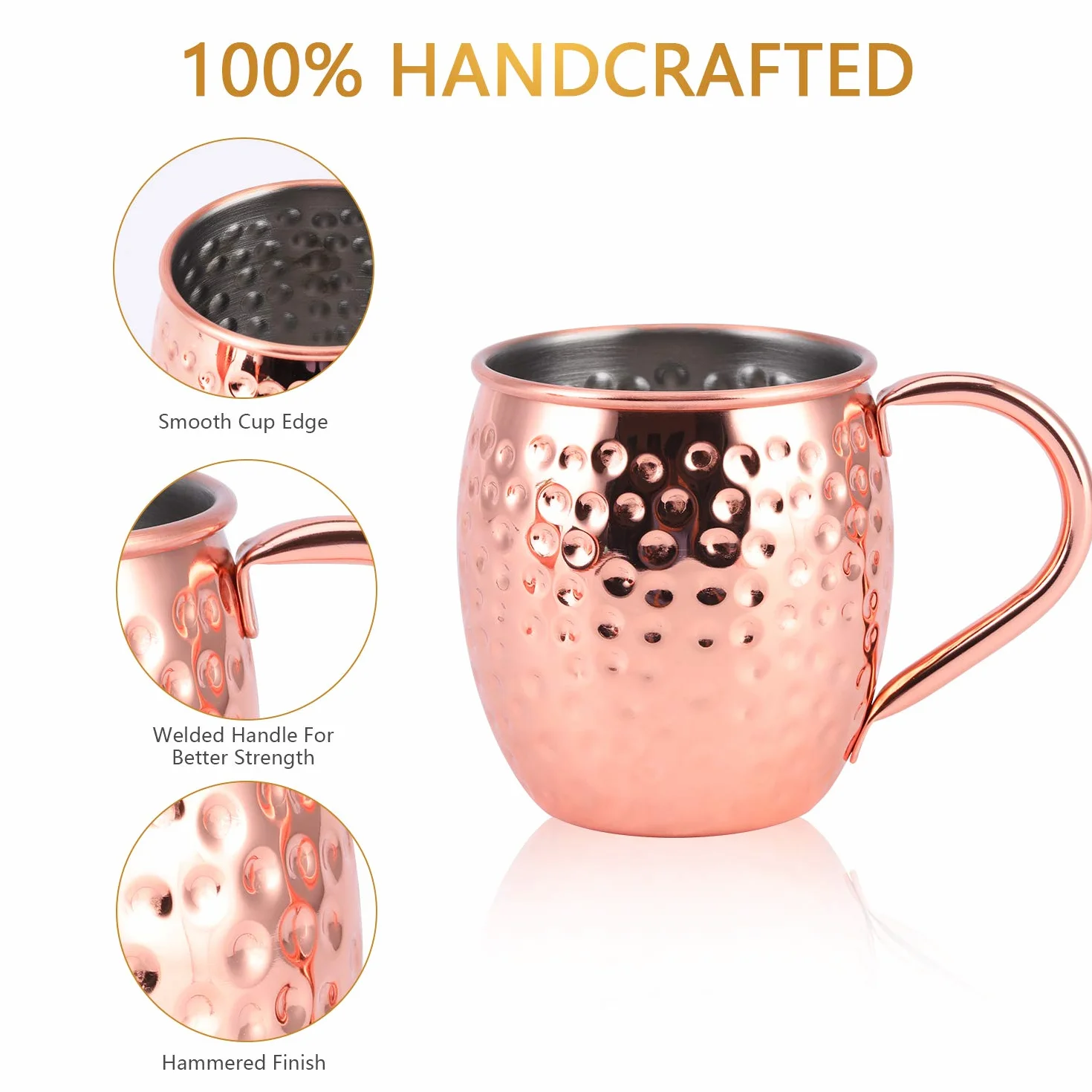 Bicchieri Rame Moscow Mule Set di 4, 100% Tazze Rame Lavorate a Mano, set da 550ml con BONUS: 4 Cannucce di Rame da Cocktail di Alta Qualità e 1 Jigger