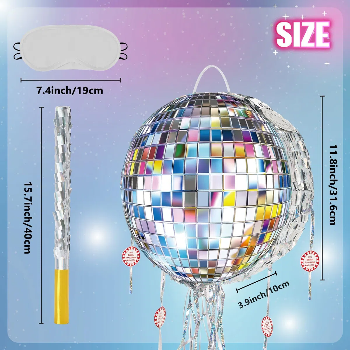 WERNNSAI Pignatta a forma di Palla da Disco - Mini Pignatta da Disco con Benda, Bastoncino e Nastri da Tirare per Decorazione di Festa di Danza Retrò Anni 80 e 90, Forniture per Compleanno per Bambini