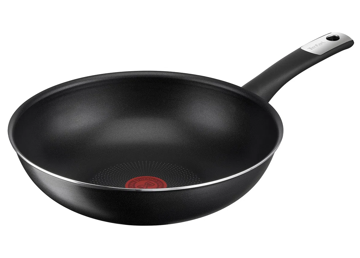 Tefal C38819 Hard Titanium Essential Wok Padella 28 cm | Rivestimento antiaderente con particelle di titanio | Indicatore di temperatura del segnale termico | Lavabile in lavastoviglie | Made in