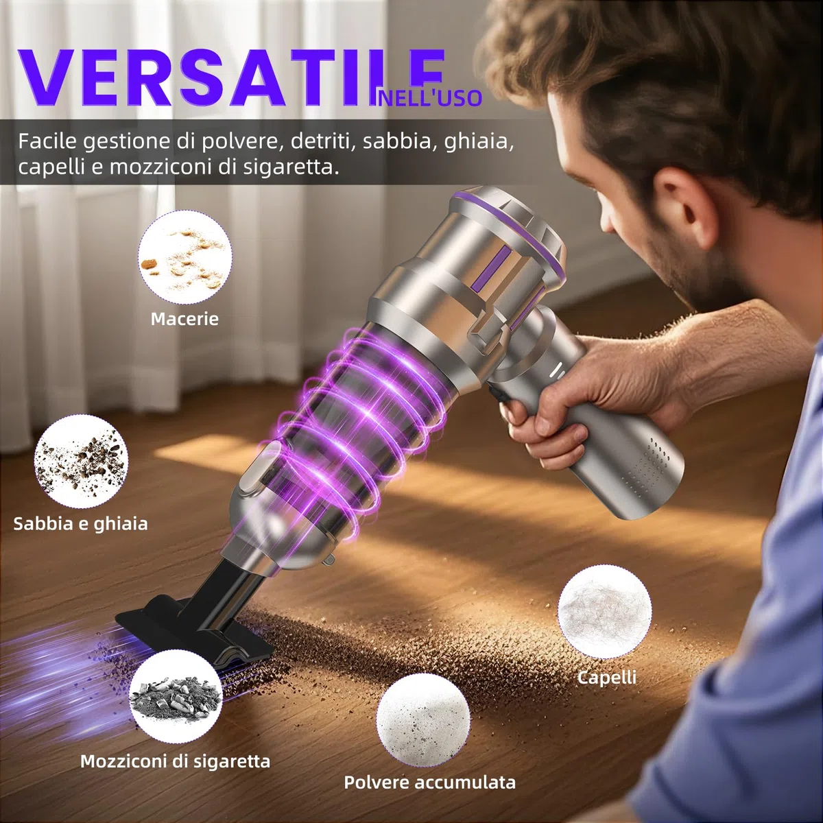 Aspirabriciole Senza Fili, 25000Pa Aspirapolvere Auto con Scarico Polvere Automatico a un Tocco, 4 in 1 Mini Aspirapolvere, Motore Brushless, Aspirazione a 3 Velocità per Peli di Animali, Auto, Casa