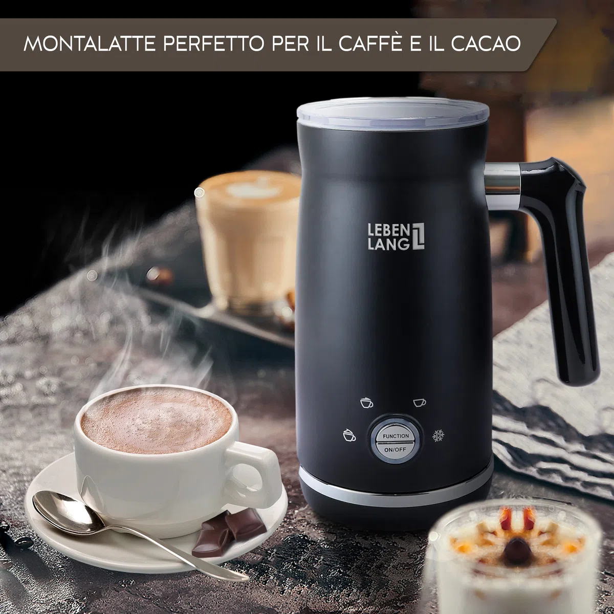 LEBENLANG Montalatte elettrico nero - Incl. frusta di ricambio + 4 modalità per un cappuccino perfetto - Montalatte elettrico - con Funzione Latte Caldo e Freddo - Montalatte elettrico cappuccino