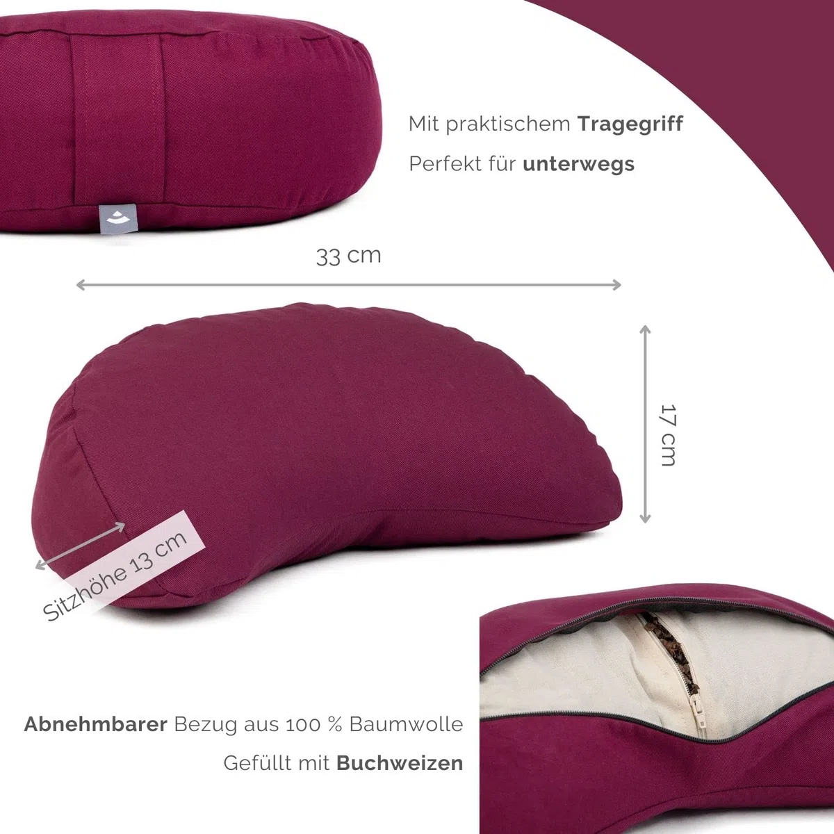 Bodhi Yogi MOND ECO - Cuscino da meditazione a mezzaluna, 100% cotone biologico, a forma di mezzaluna con ripieno di grano saraceno, per yoga e meditazione