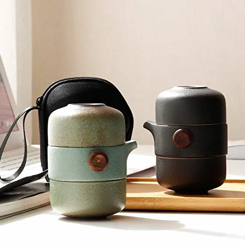 Set da tè Portatile Verde Fatto Un Mano 'Ufficio di Viaggio della Tazza della Tazza del Coperchio della Teiera di Ceramica di Stile Giapponese