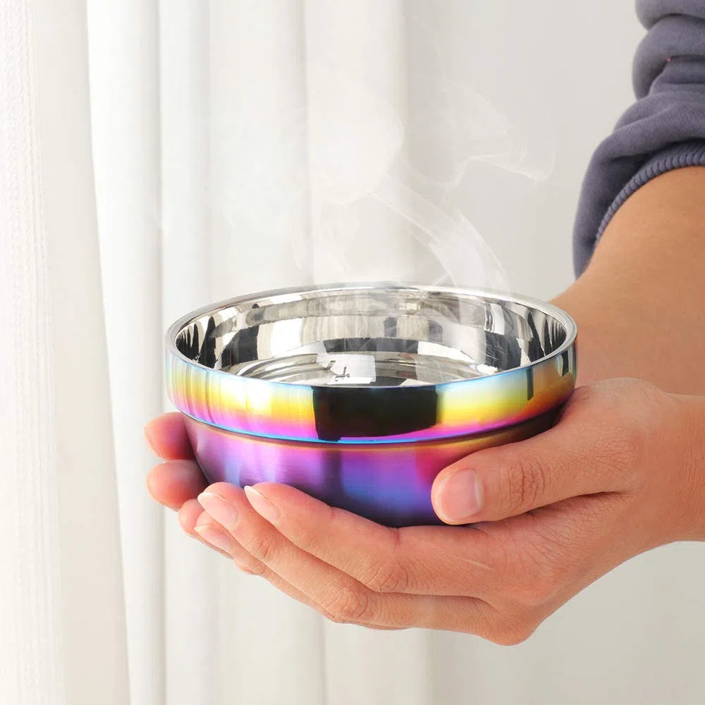 Ciotole per cereali in acciaio inox 18/10, 500 ml, arcobaleno, set da 4 ciotole di riso, grandi ciotole da dessert larghe, 13 cm (5,1 pollici), in metallo, a doppio strato, anti-caldo