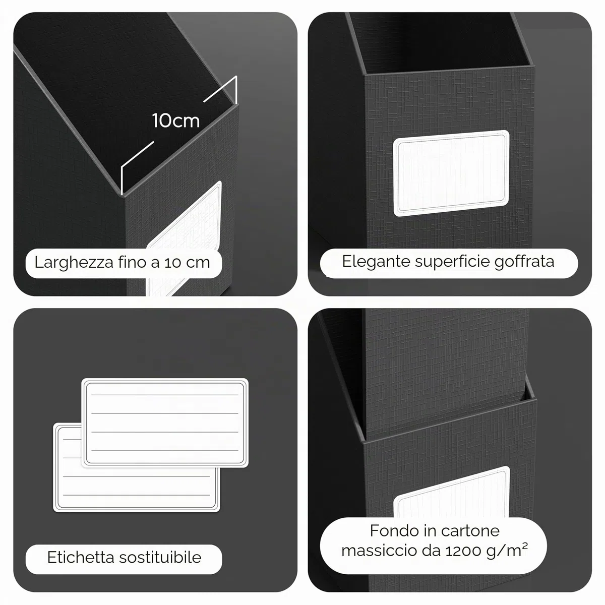 JiaWei Portariviste 3 Pezzi, Fondo Robusto, Realizzato in Cartone Extra Robusto da 1800 g/m², Larghezza 10,5 cm, A4 Cartella stand-up, per casa, ufficio e scuola - Nero