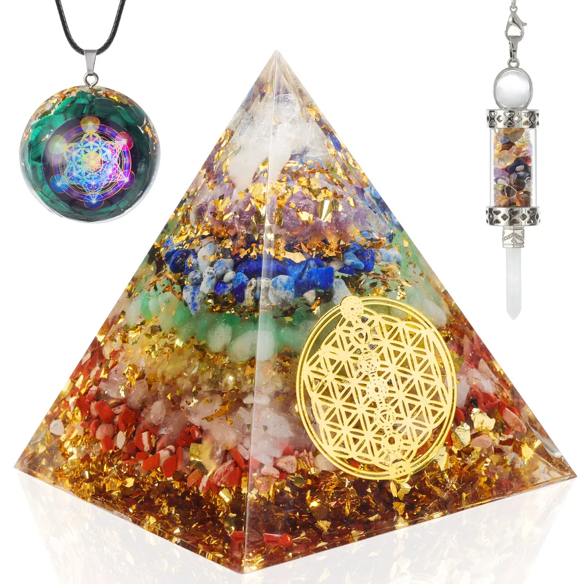The7boX Orgone Piramide, 7Crystal Chakra Set con Pendente e Pendolo per Reiki Healing e Crystal Grid Meditation, per Healing Health (6cm*6cm)
