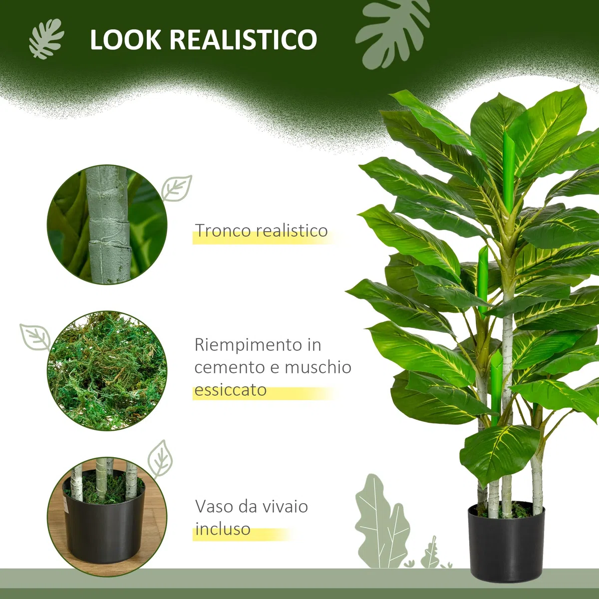 HOMCOM Pianta Artificiale da 33 Foglie per Interni ed Esterni con Vaso Ø15x13 cm, Pianta Finta Alta 95 cm in PEVA, PE e Cemento, per Interno, Ufficio, Soggiorno, Verde e Nero
