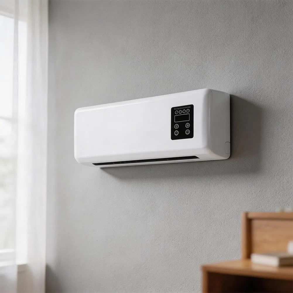 Ventilatore condizionatore da parete 2 in 1, unità di riscaldamento e raffreddamento, silenziosa camera da letto e bagno, compatto salvaspazio con modalità brezza naturale, bianco, 42 x 18