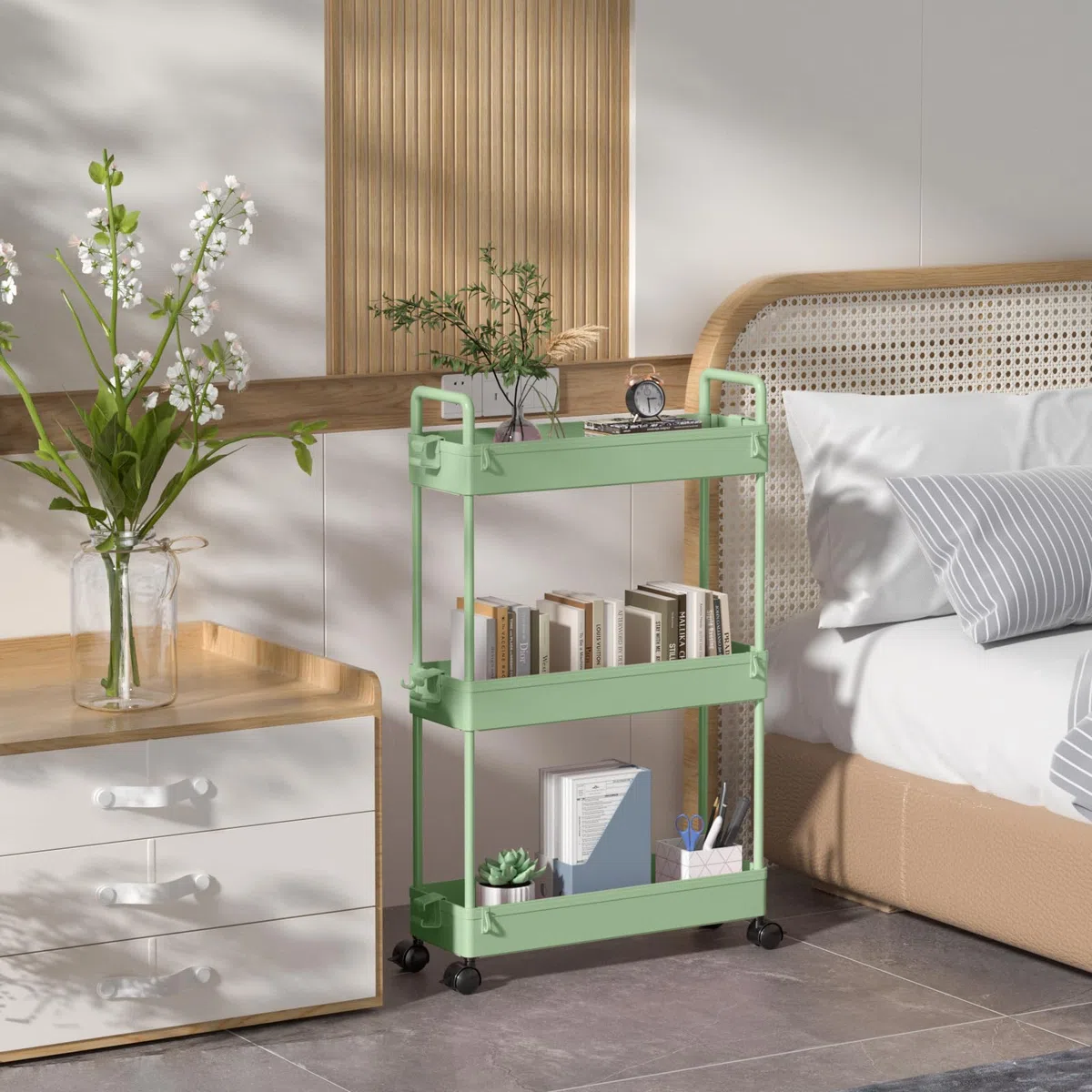 SOLEJAZZ Carrello portaoggetti a 3 ripiani, scorrevole, sottile, con rotelle, organizer per cucina, bagno, lavanderia, camera da letto, spazi stretti, plastica, verde