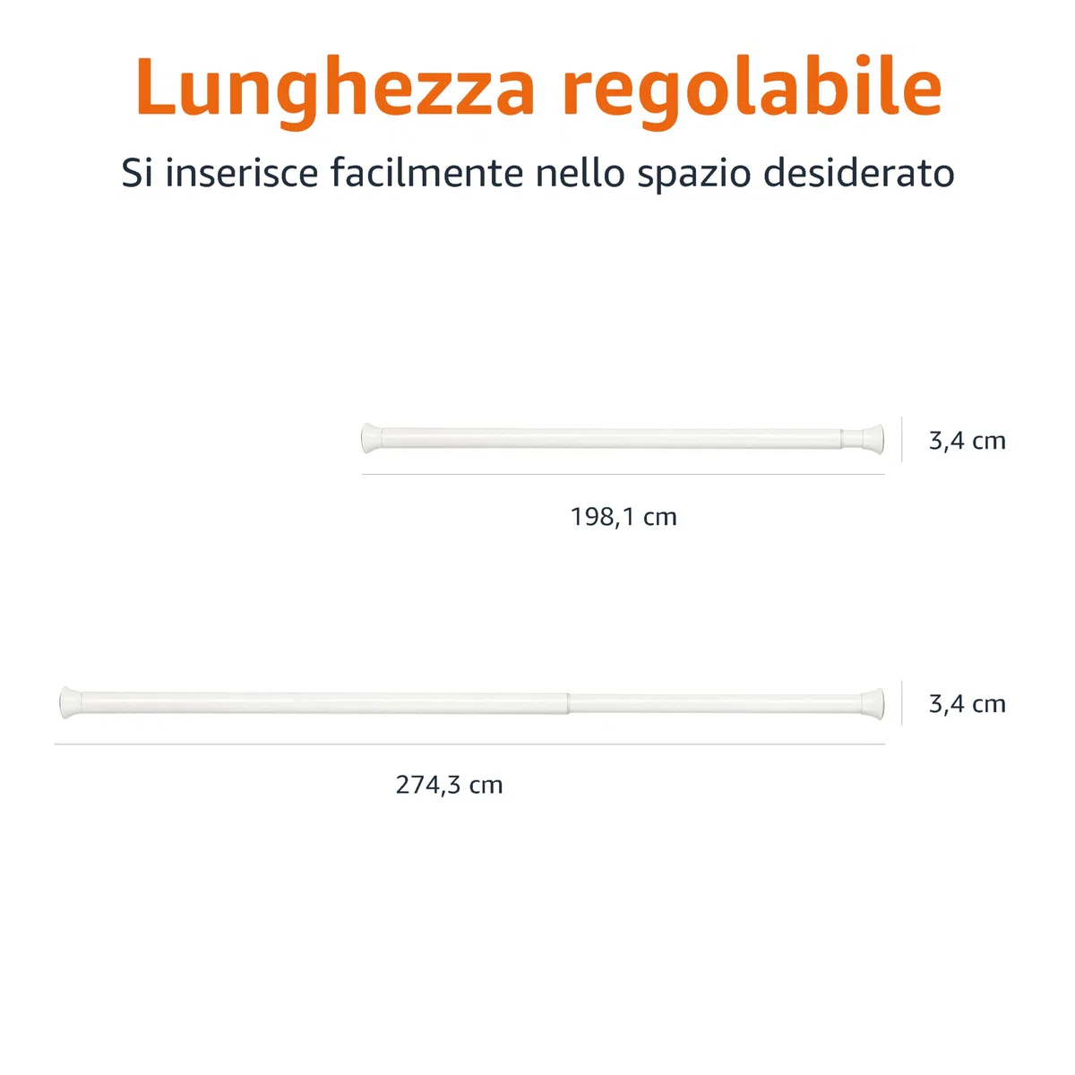 Amazon Basics - Bastone per tenda da doccia, da 198 a 274 cm, bianco