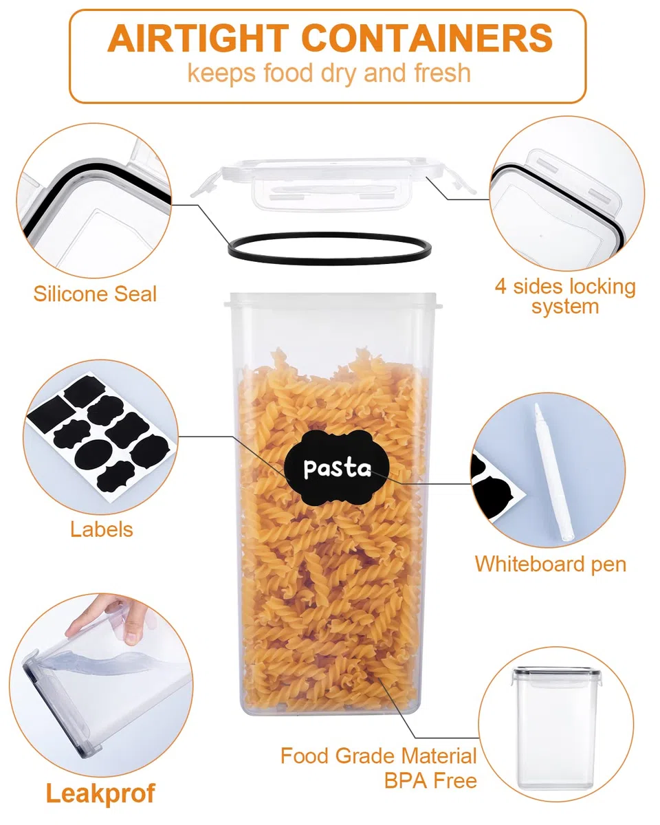 Set di 10 Contenitori Alimentari Ermetici Contenitori per Cereali Ermetici Senza BPA Plastica Cereali con Coperchio Etichette Cucchiai per la Conservazione di Pasta Cereali Farina