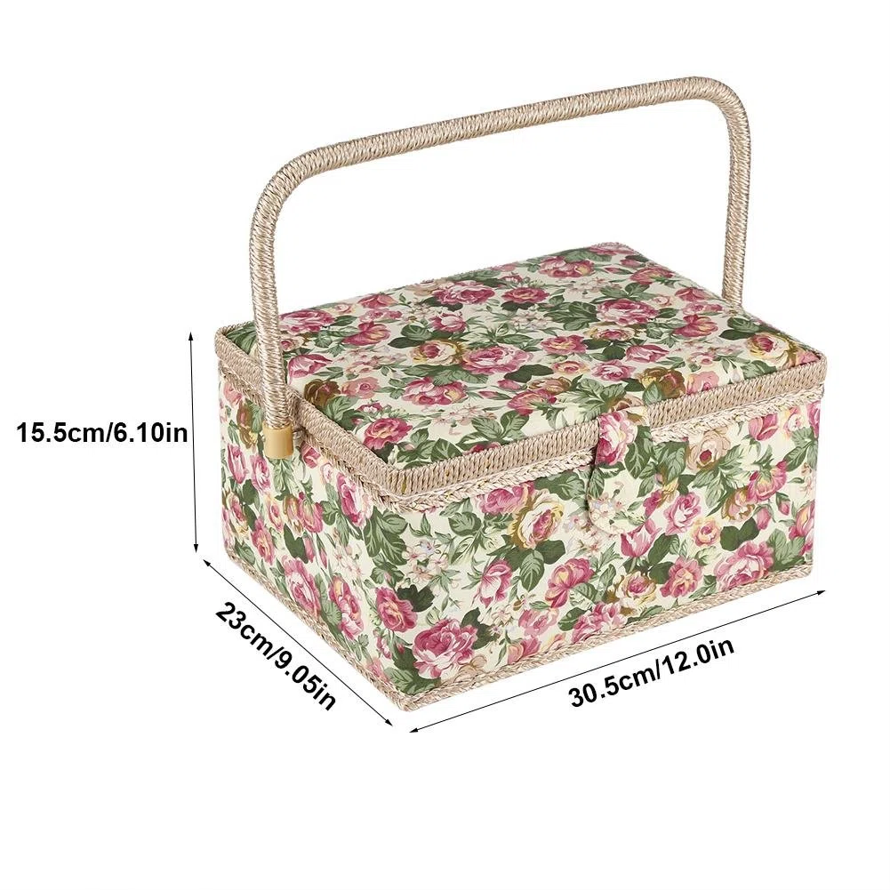 Scatola da cucito cestino da cucito, motivo floreale a rosa, cestino da cucito stampato con manico ergonomico per organizzatore domestico, 30,5 x 23,1 x 15,5 cm